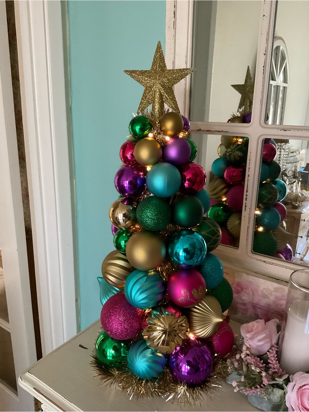 Festive Multicolor Ornament Tree with Gold Star Topper